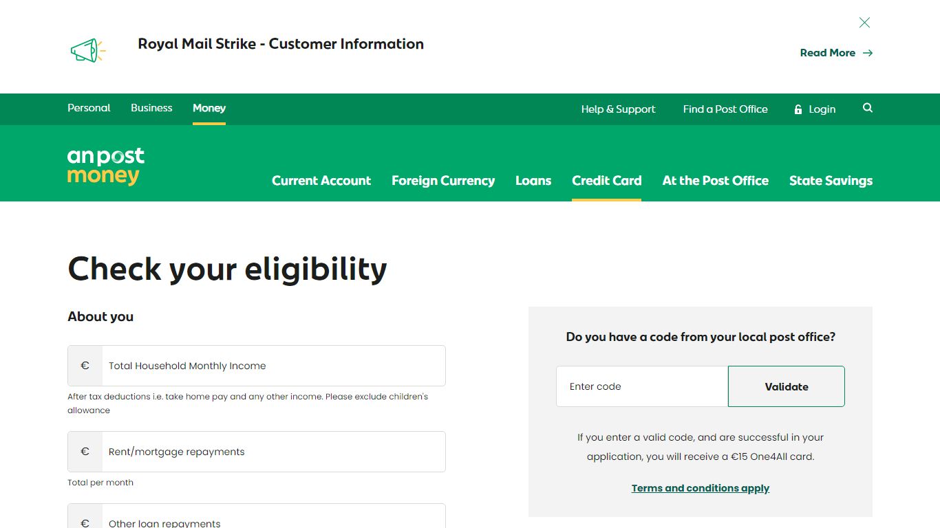 Classic Credit Card Eligibility Checker - An Post